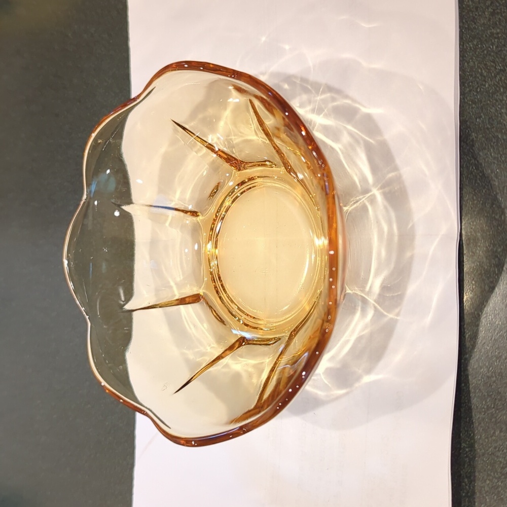 Vintage Gold / Amber glass dish with scalloped edges